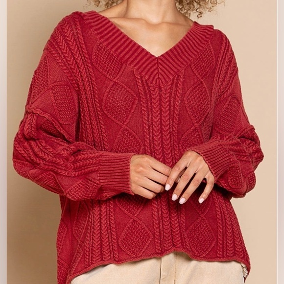POL Sweaters - Pol hooded cable knit sweater — red